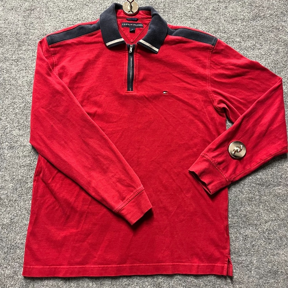 Tommy Hilfiger Quarter Zip Polo Shirt Men's Red Long Sleeve Golf Classic - Large